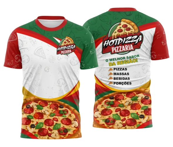 Camisa com logo no peito e estampa grande nas costas nas cores verde, branco e vermelho, inspirada na temática da Pizzaria Itália, destacando elementos tradicionais com design marcante e visual autêntico.