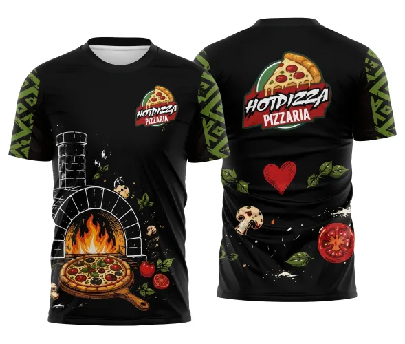 Camisa preta com detalhes verdes, exibindo logo no peito e estampa grande nas costas com forno e coração em estilo vibrante e moderno, perfeita para quem ama pizza e cultura de pizzaria.