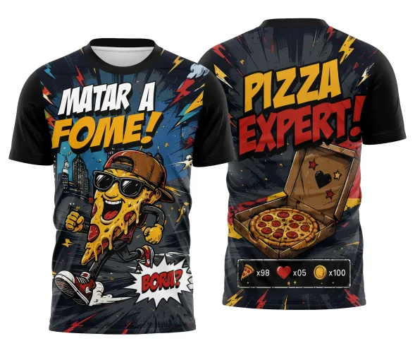 Camisa com logo no peito e estampa grande nas costas mostrando quadrinhos em tons de azul com frases divertidas sobre pizza, transmitindo um visual moderno e atraente para amantes de pizza.