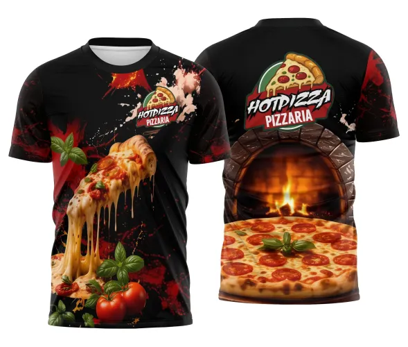 Camisa com logo no peito e estampa grande nas costas mostrando uma arte detalhada de forno a lenha e queijo derretido escorrendo, perfeita para amantes de pizza e estilo autêntico.