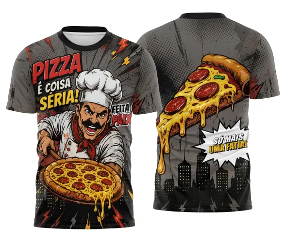 Imagem de uma camisa final em tom cinza com detalhes vermelhos, contando com um logo no peito discreto e uma estampa grande nas costas que destaca a paixão pela pizza, ideal para uniformes de pizzaria.