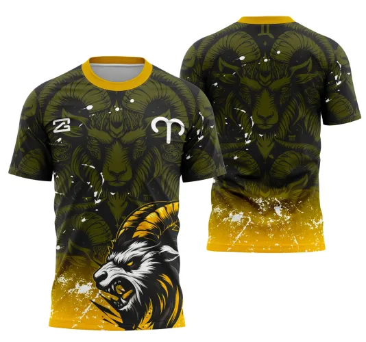 Camisa preta com arte de carneiro feroz na frente em preto, branco e amarelo com degradê amarelo na base. Costas mostram carneiro verde com número 11 e textos INTER CLASSE TERCEIRÃO em branco, fundo preto com detalhes amarelos e brancos.