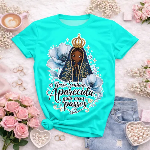 Estampa feminina católica com Nossa Senhora Aparecida em estilo delicado e moderno