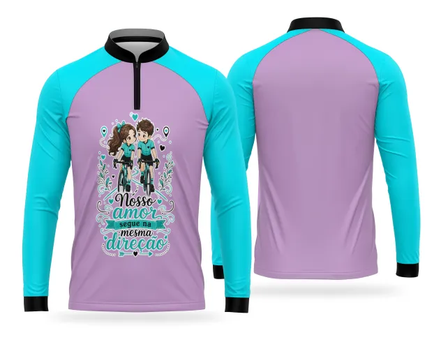 Arte de ciclismo para sublimação com casal de bike, corações e lettering decorativo
