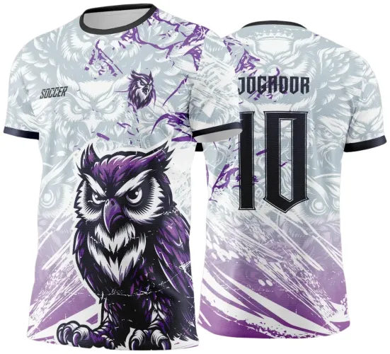 Camisa branca e cinza com degradê roxo na barra, frente exibindo uma coruja roxa expressiva em destaque, costas com número 10 e texto JOGADOR em preto, e detalhes gráficos que remetem ao tema interclasse.