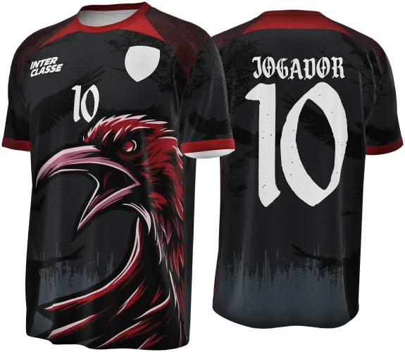 Camisa preta com gola e mangas vermelhas. Frente destaca corvo vermelho e preto com bico aberto e número 10 branco, texto INTER CLASSE e escudo branco. Costas mostram nome JOGADOR e número 10 branco sobre fundo com corvos voando.