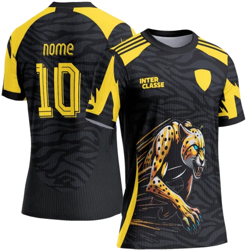 Camisa com fundo preto e amarelo, frente com guepardo em postura agressiva e texto INTER CLASSE, costas com nome, número 10 em amarelo e padrão de listras preto sobre preto.