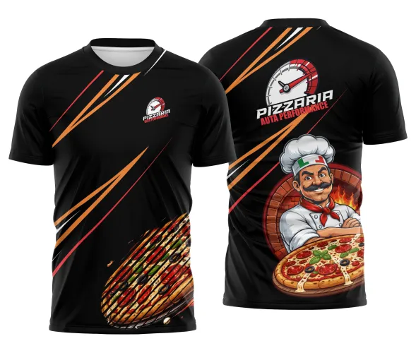 Camisa preta esportiva com logo no peito e estampa grande nas costas, ideal para pizzarias que buscam estilo e desempenho em uniformes modernos e profissionais.