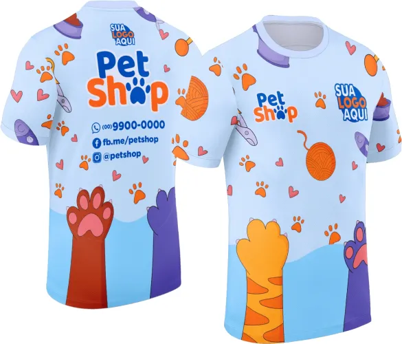 Arte para camisa de loja de pets com visual atrativo, ideal para uniformes e divulgação da marca.