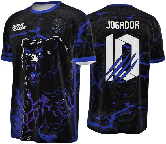 Camisa preta com destaque para urso feroz azul e preto na frente, texto INTER CLASSE e escudo, costas com número 10 branco marcado por garras azuis, texto JOGADOR e detalhes em rachaduras azuis.