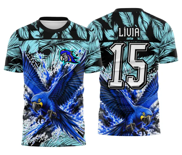 Camisa de turma com ilustracao de arara e grafismos de competicao escolar Arte Autoral Doces Desenhos