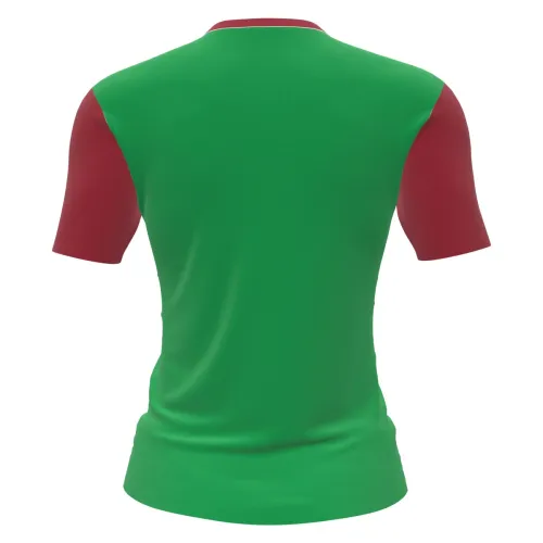 Camisa inteira com fundo verde, mangas e gola vermelhas, e um pinguim fofo de gorro natalino segurando um presente estampado na frente.