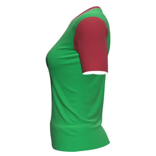 Camisa inteira com fundo verde, mangas e gola vermelhas, e um pinguim fofo de gorro natalino segurando um presente estampado na frente.