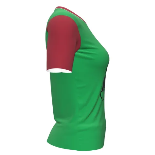 Camisa inteira com fundo verde, mangas e gola vermelhas, e um pinguim fofo de gorro natalino segurando um presente estampado na frente.