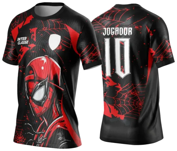 Camisa preta com frente ilustrada pelo Homem-Aranha em vermelho, com números 7 e texto INTER CLASSE; nas costas, fundo preto com teias de aranha vermelhas, texto JOGADOR e número 10 branco com contorno vermelho.