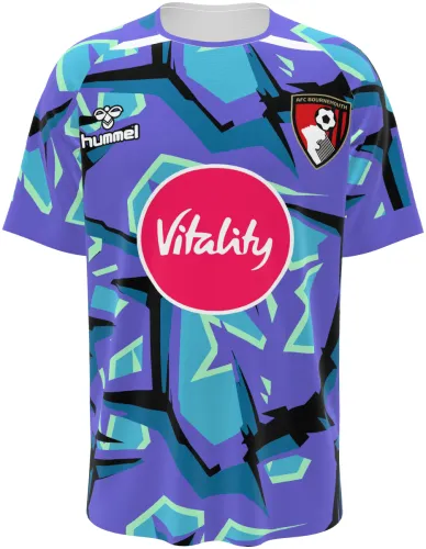 Camisa de goleiro do AFC Bournemouth 2026 - 2027 roxa com formas quebradas coloridas, frente e costas
