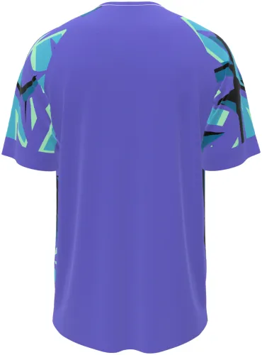 Camisa de goleiro do AFC Bournemouth 2026 - 2027 roxa com formas quebradas coloridas, frente e costas