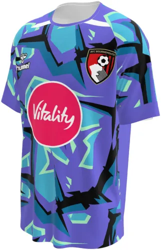 Camisa de goleiro do AFC Bournemouth 2026 - 2027 roxa com formas quebradas coloridas, frente e costas
