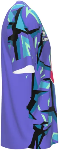 Camisa de goleiro do AFC Bournemouth 2026 - 2027 roxa com formas quebradas coloridas, frente e costas