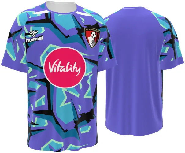 Camisa de goleiro do AFC Bournemouth 2026 - 2027 roxa com formas quebradas coloridas, frente e costas