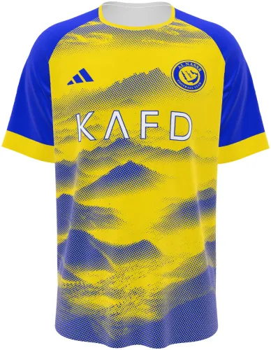 Camisa conceito do Al Nassr 2026 amarela e azul com dunas em meio-tom, frente e costas