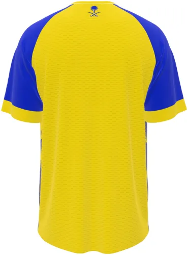 Camisa conceito do Al Nassr 2026 amarela e azul com dunas em meio-tom, frente e costas