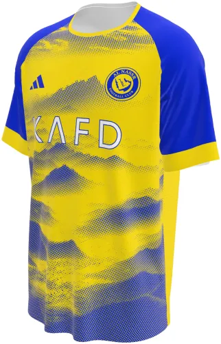 Camisa conceito do Al Nassr 2026 amarela e azul com dunas em meio-tom, frente e costas