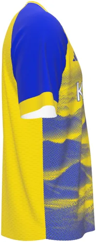 Camisa conceito do Al Nassr 2026 amarela e azul com dunas em meio-tom, frente e costas