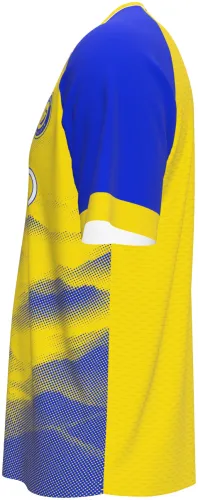 Camisa conceito do Al Nassr 2026 amarela e azul com dunas em meio-tom, frente e costas
