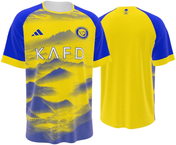 Camisa conceito do Al Nassr 2026 amarela e azul com dunas em meio-tom, frente e costas