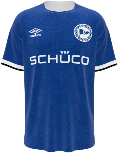 Camisa titular do Arminia Bielefeld 2026 - 2027 azul com padrão geométrico, frente e costas