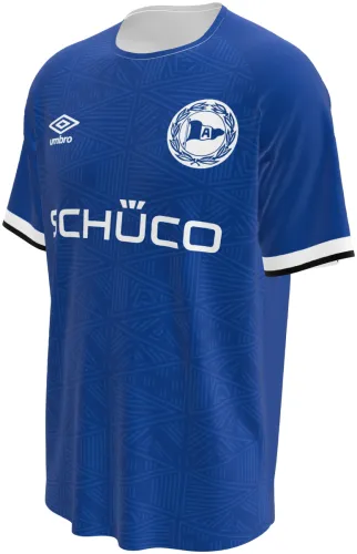 Camisa titular do Arminia Bielefeld 2026 - 2027 azul com padrão geométrico, frente e costas