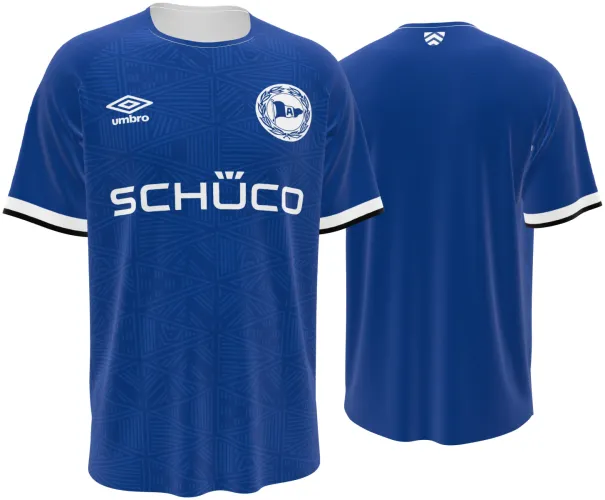 Camisa titular do Arminia Bielefeld 2026 - 2027 azul com padrão geométrico, frente e costas