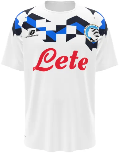 Camisa visitante da Atalanta 2026 - 2027 branca com mosaico de losangos azuis, frente e costas