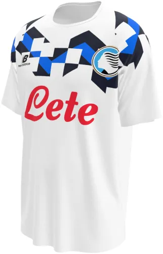 Camisa visitante da Atalanta 2026 - 2027 branca com mosaico de losangos azuis, frente e costas