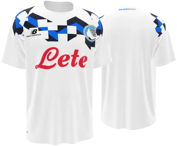 Camisa visitante da Atalanta 2026 - 2027 branca com mosaico de losangos azuis, frente e costas