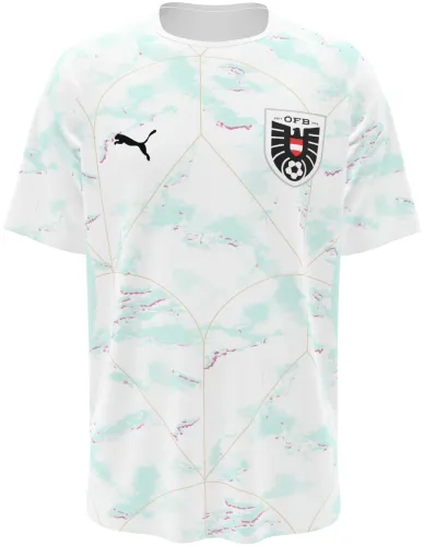 Camisa visitante da Áustria 2026 branca com manchas verde-água e linhas douradas, frente e costas