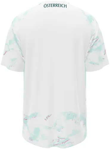 Camisa visitante da Áustria 2026 branca com manchas verde-água e linhas douradas, frente e costas