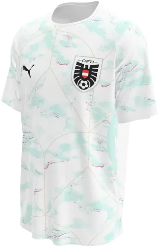 Camisa visitante da Áustria 2026 branca com manchas verde-água e linhas douradas, frente e costas