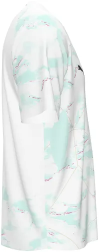 Camisa visitante da Áustria 2026 branca com manchas verde-água e linhas douradas, frente e costas