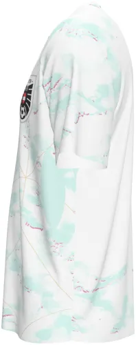 Camisa visitante da Áustria 2026 branca com manchas verde-água e linhas douradas, frente e costas