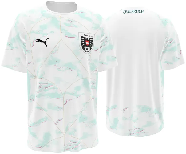 Camisa visitante da Áustria 2026 branca com manchas verde-água e linhas douradas, frente e costas