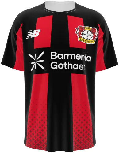 Camisa titular do Bayer Leverkusen 2026 - 2027 em blocos pretos e vermelhos, frente e costas