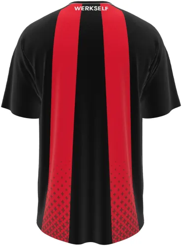 Camisa titular do Bayer Leverkusen 2026 - 2027 em blocos pretos e vermelhos, frente e costas