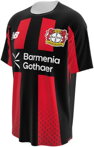 Camisa titular do Bayer Leverkusen 2026 - 2027 em blocos pretos e vermelhos, frente e costas