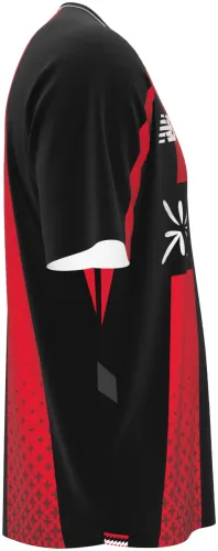 Camisa titular do Bayer Leverkusen 2026 - 2027 em blocos pretos e vermelhos, frente e costas