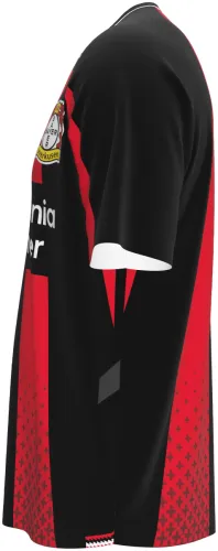 Camisa titular do Bayer Leverkusen 2026 - 2027 em blocos pretos e vermelhos, frente e costas