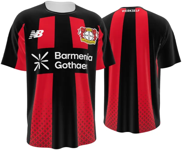 Camisa titular do Bayer Leverkusen 2026 - 2027 em blocos pretos e vermelhos, frente e costas