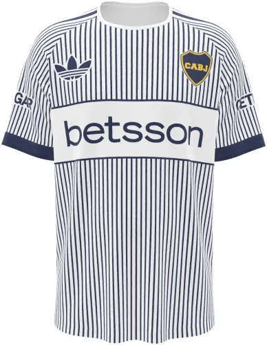 Camisa visitante do Boca Juniors 2027 branca com listras azuis e faixa no peito, frente e costas