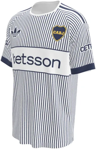 Camisa visitante do Boca Juniors 2027 branca com listras azuis e faixa no peito, frente e costas